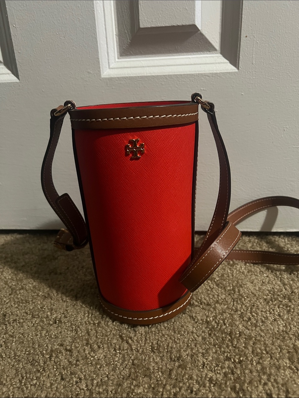 Tory Burch Bright Red Leather Cylinder Belt Bag with Brown Trim
